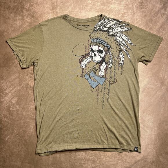 Forged Skull Headdress Tomahawk Print T-Shirt Khaki Green Short Sleeve Indie Y2K - Picture 5 of 5